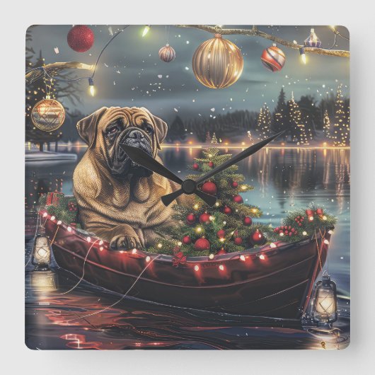Horloge Carrée Bullmastiff Noël Festive Voyage (Recto)