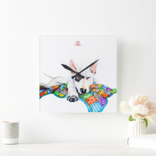 Horloge Carrée Bullterrier blanc sur la couverture en Patchwork - (Maison)