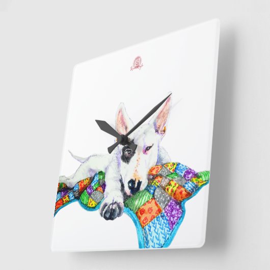Horloge Carrée Bullterrier blanc sur la couverture en Patchwork - (Angle)