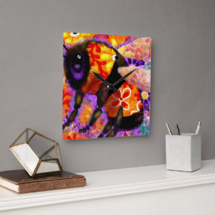 Horloge Carrée Bumble Whimsical Bee Floral Rouge Jaune violet