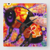 Horloge Carrée Bumble Whimsical Bee Floral Rouge Jaune violet (Recto)