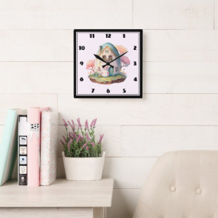 Horloge Carrée Bunny Rose & Oeuf Formé Maison Kawaii Style