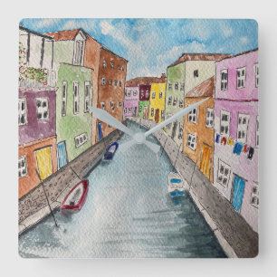 Horloge Carrée Burano Venice Maisons aux couleurs vives