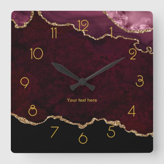 Horloge Carrée Burgundy and Gold Faux Agate Personalized (Recto)