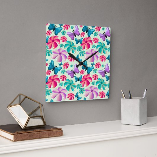 Horloge Carrée Butterfly and Flower Aesthetic pattern  (Bureau)