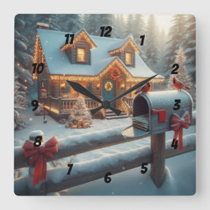 Horloge Carrée Cabane de Noël cosy Pays des merveilles hivernal