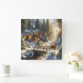 Horloge Carrée Cabine dans la forêt remplie de neige avec cerf (Maison)
