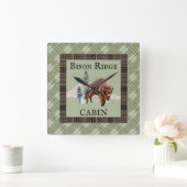 Horloge Carrée Cabine rustique de Bison Buffalo à l'aquarelle ver (Maison)