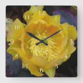 Horloge Carrée Cactus de prickly pourpre avec Fleur Jaune (Recto)