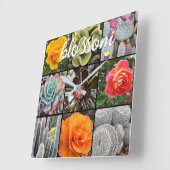 Horloge Carrée Cactus Rose Photo Collage Blossom Citation Script (Angle)