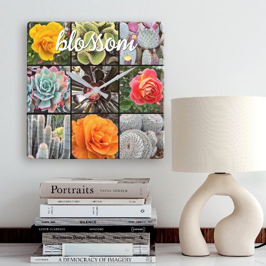 Horloge Carrée Cactus Rose Photo Collage Blossom Citation Script