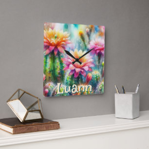 Horloge Carrée Cactus Succulent Fleurissant Aquarelle Personnalis