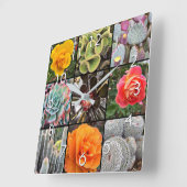Horloge Carrée Cactus Succulents rose photo collage (Angle)