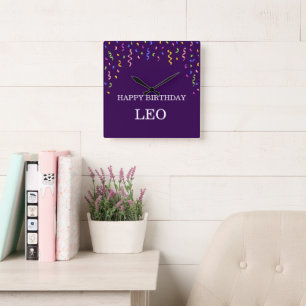 Horloge Carrée Cadeau d'anniversaire Joyeux avec confettis pastel