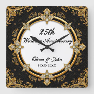 Horloge Carrée Cadeau de 25e anniversaire de mariage diamants et