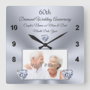 Horloge Carrée Cadeau de 60 ans pour l'anniversaire du Mariage av