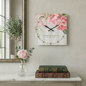 Horloge Carrée Cadeau de Mariage Personnalisé Pivoine Rose pour C