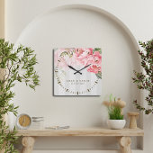Horloge Carrée Cadeau de Mariage Personnalisé Pivoine Rose pour C