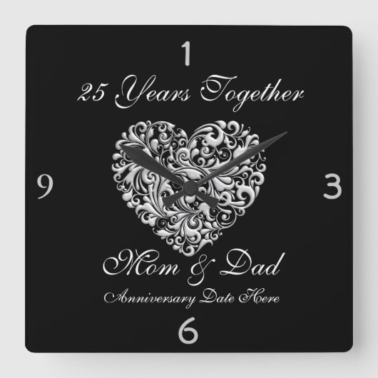 Horloge Carrée CADEAU MUR DE L'ARGENT PARENTS 25e Anniversaire (Recto)