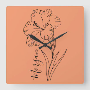 Horloge Carrée Cadeau personnalisé d'août Gladiolus Fleur de nais