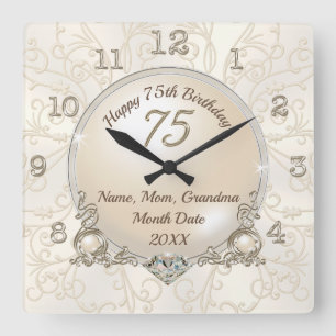 Horloge Carrée Cadeaux pour 75e anniversaire femme, maman, femme,