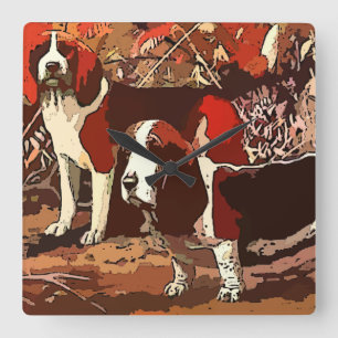 Horloge Carrée Cadran Carré Mural Peint Vintage Chiens de Chasse