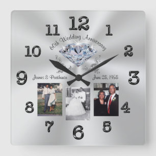 Horloge Carrée Cadran de 60e anniversaire personnalisé avec 3 pho