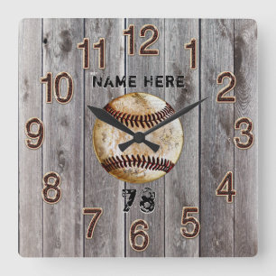Horloge Carrée Cadran de baseball personnalisé en bois rustique f