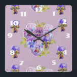 Horloge Carrée Cadran de chambre floral de pensées de lilas de st<br><div class="desc">Cadran de chambre floral de pensées de lilas de style shabby chic. Conçu à partir de mon art original à l'aquarelle.</div>
