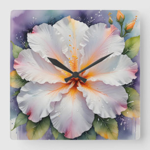 Horloge Carrée cadran de fleur d'hibiscus blanc