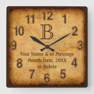 Horloge Carrée Cadran de papier antique personnalisé avec monogra