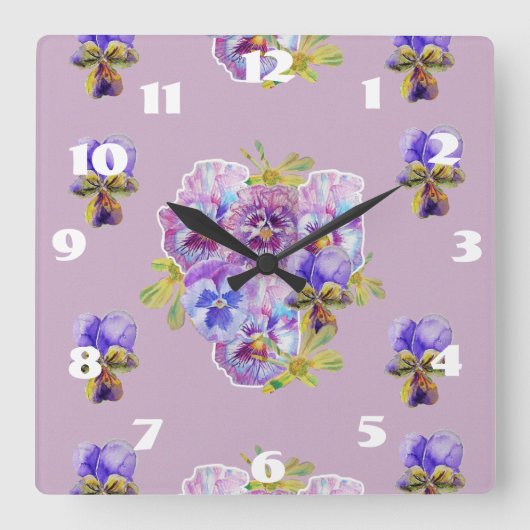 Horloge Carrée Cadran de salle Pensées Lilas Chic Démodé (Recto)
