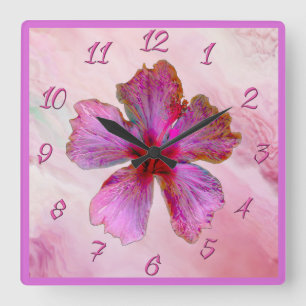 Horloge Carrée Cadran floral à motif d'Hibiscus en rose