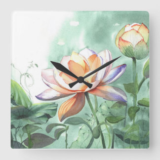 Horloge Carrée Cadran mural à motif de lotus aquarelle