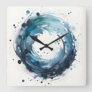 Horloge Carrée cadran mural carré anneau aquarelle abstrait