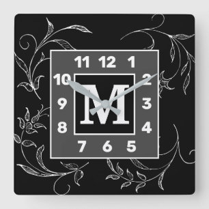 Horloge Carrée Cadran mural carré floral GS monogrammé