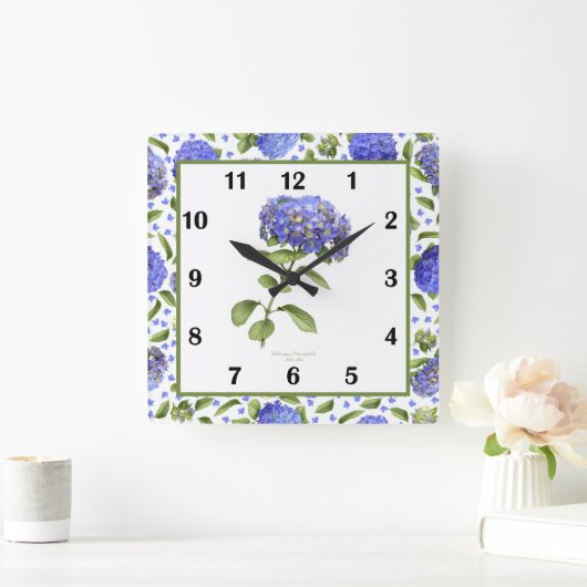 Horloge Carrée Cadran mural d'art botanique aux hortensias bleus (Maison)