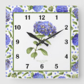 Horloge Carrée Cadran mural d'art botanique aux hortensias bleus (Recto)