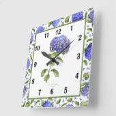 Horloge Carrée Cadran mural d'art botanique aux hortensias bleus (Angle)