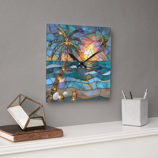 Horloge Carrée Cadran mural en verre coloré Coucher de soleil sur (Bureau)