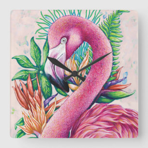 Horloge Carrée Cadran mural flamingo floral hawaïen drôle et mign