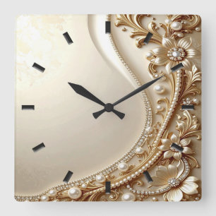 Horloge Carrée Cadran mural floral orné élégant en or