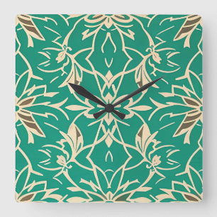 Horloge Carrée Cadran mural floral sarcelle Art déco