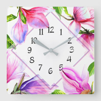Horloge Carrée Cadran mural floral violet rose et violet