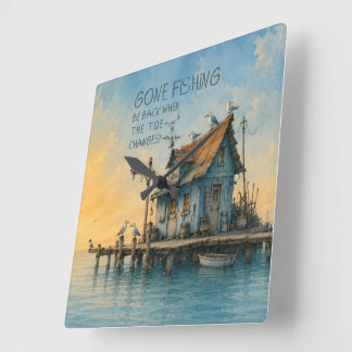 Horloge Carrée Cadran mural Gone Fishing Whimsical Coastal