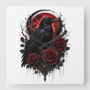 Horloge Carrée Cadran mural Gothique Corbeau Lune Rouge & Roses