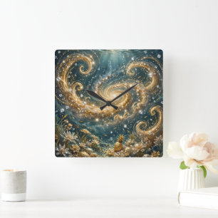 Horloge Carrée Cadran mural Luxueux Tourbillon d'Océan Doré - Gal