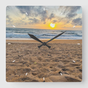 Horloge Carrée Cadran mural moderne de coucher de soleil de plage