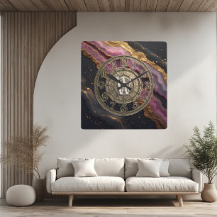 Horloge Carrée Cadran Personnalisé Monogramme Agate Rose Métal Lu