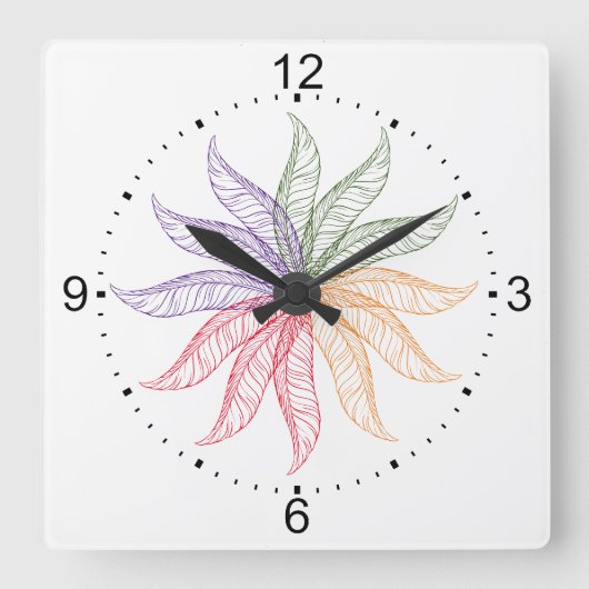Horloge Carrée Cadran - Plumes colorées (Recto)